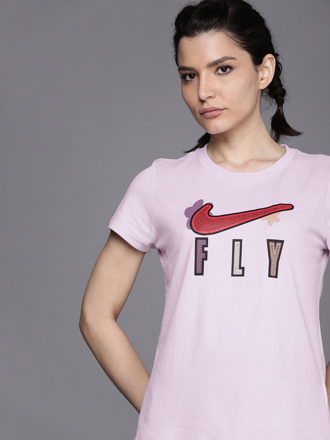 Nike Women Lavender Brand Logo Printed Dri-FIT Swoosh Basketball T-shirt Price in India