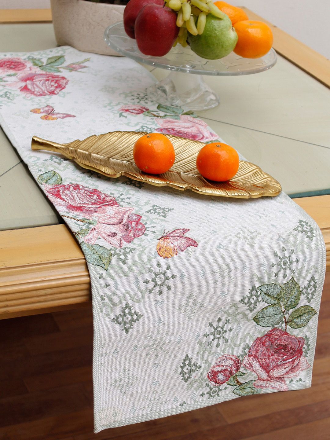 AVI Living Off-White & Green Floral Jaquard Woven Table Runner Price in India
