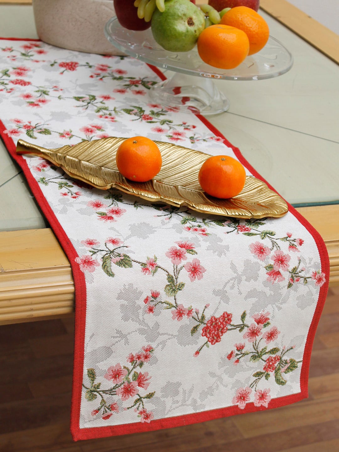 AVI Living White & Red Floral Jaquard Woven Table Runner Price in India