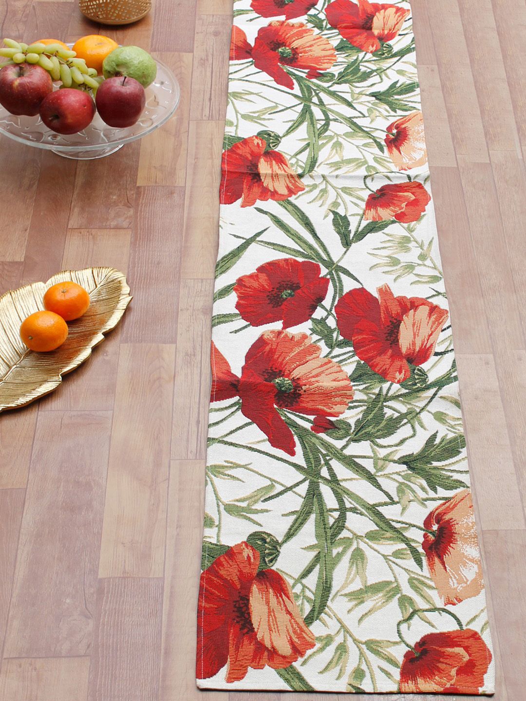 AVI Living Red & White Floral Jaquard Woven Table Runners Price in India