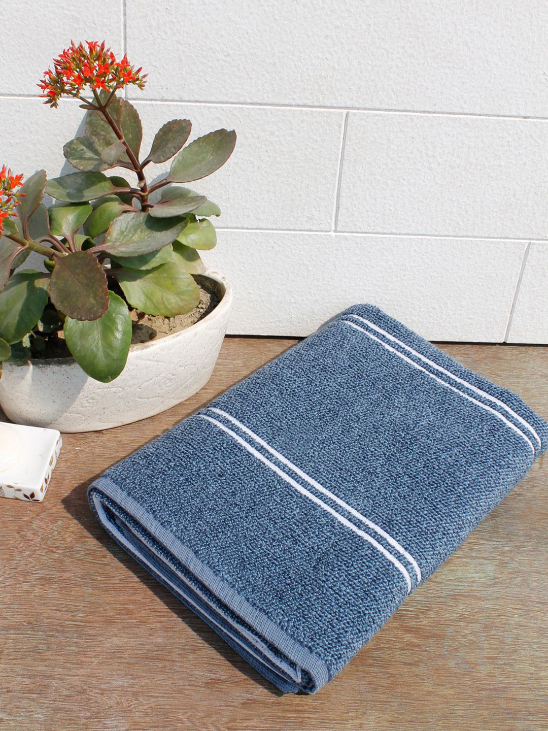 AVI Living Blue & White Striped 500 GSM Pure Cotton Bath Towel Price in India