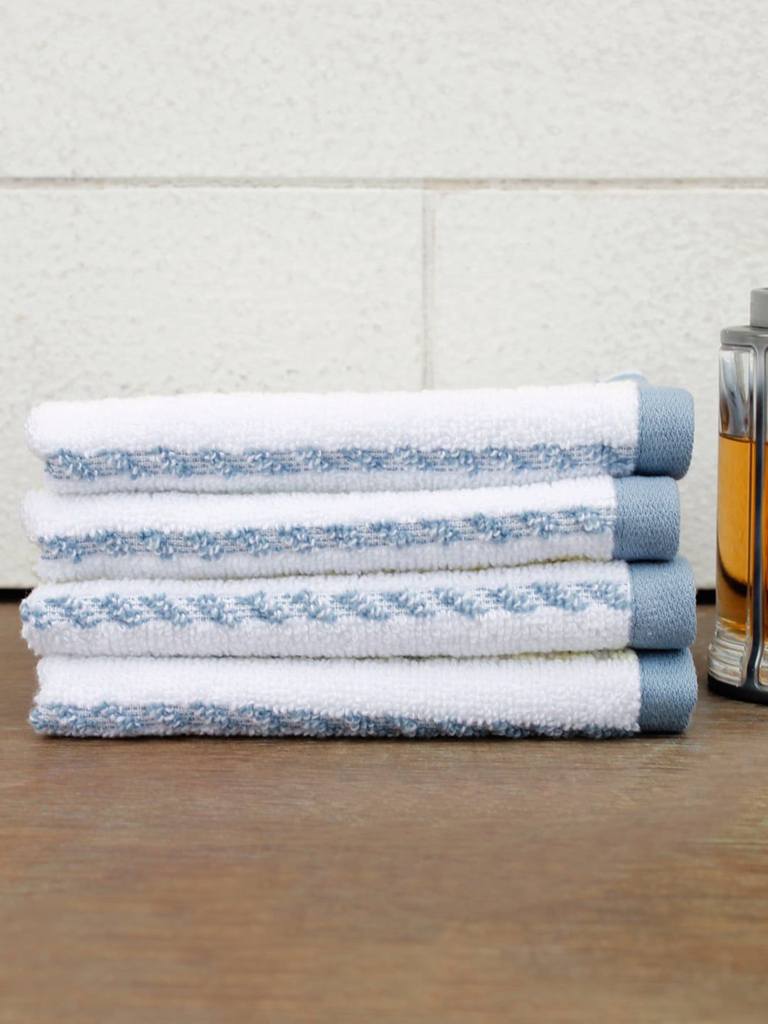 AVI Living Blue & Yellow Pack of 4 Striped Organic Cotton Face Towels Price in India