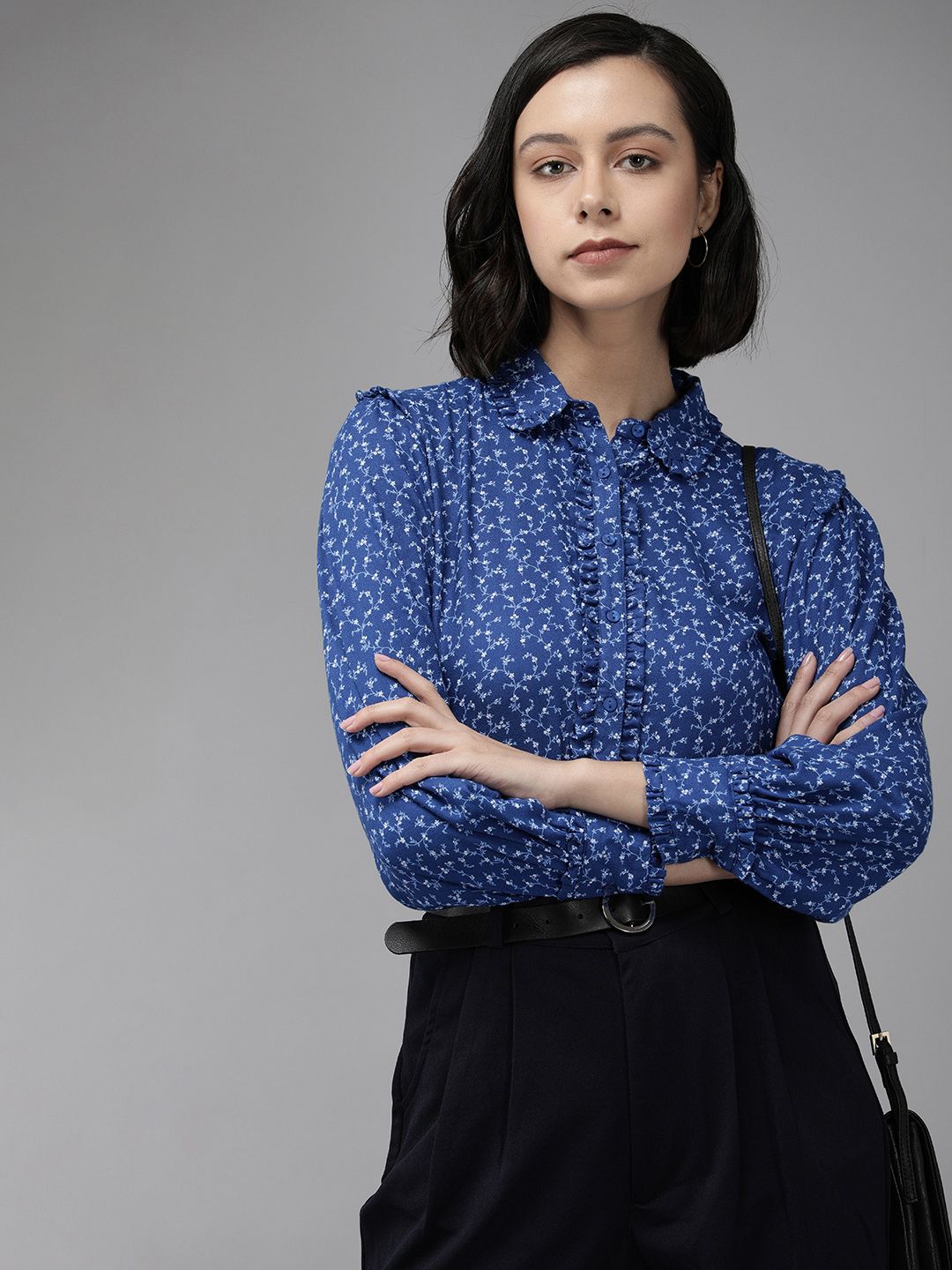 Van Heusen Navy Blue Floral Print Shirt Style Top