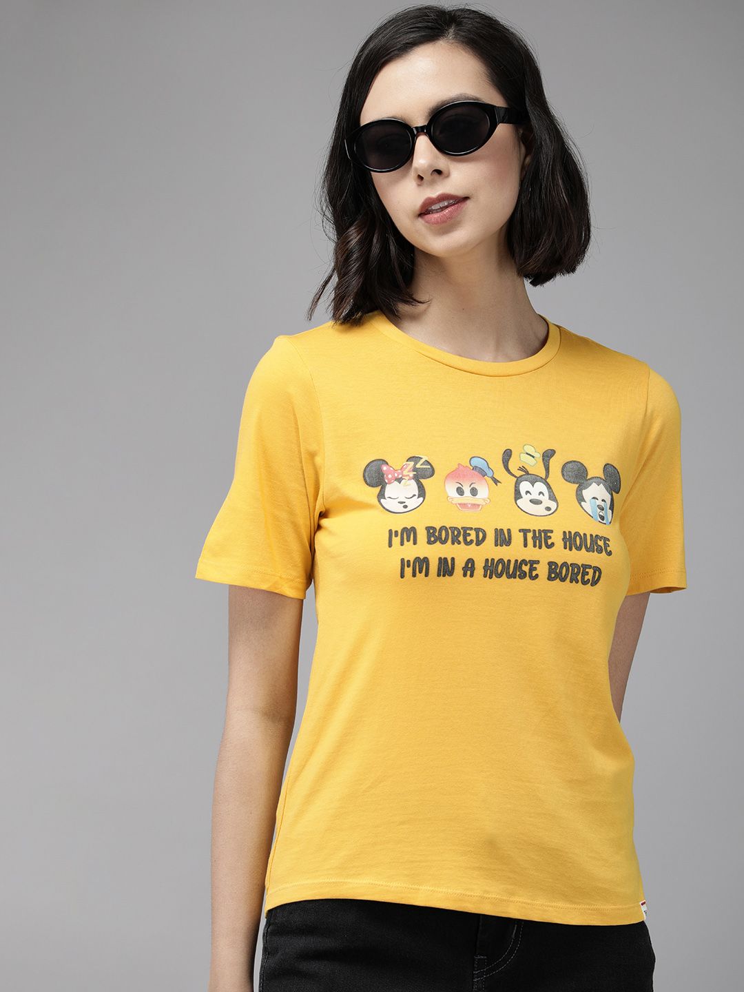 Van Heusen Women Yellow & Black Mickey & Friends Printed Pure Cotton Top