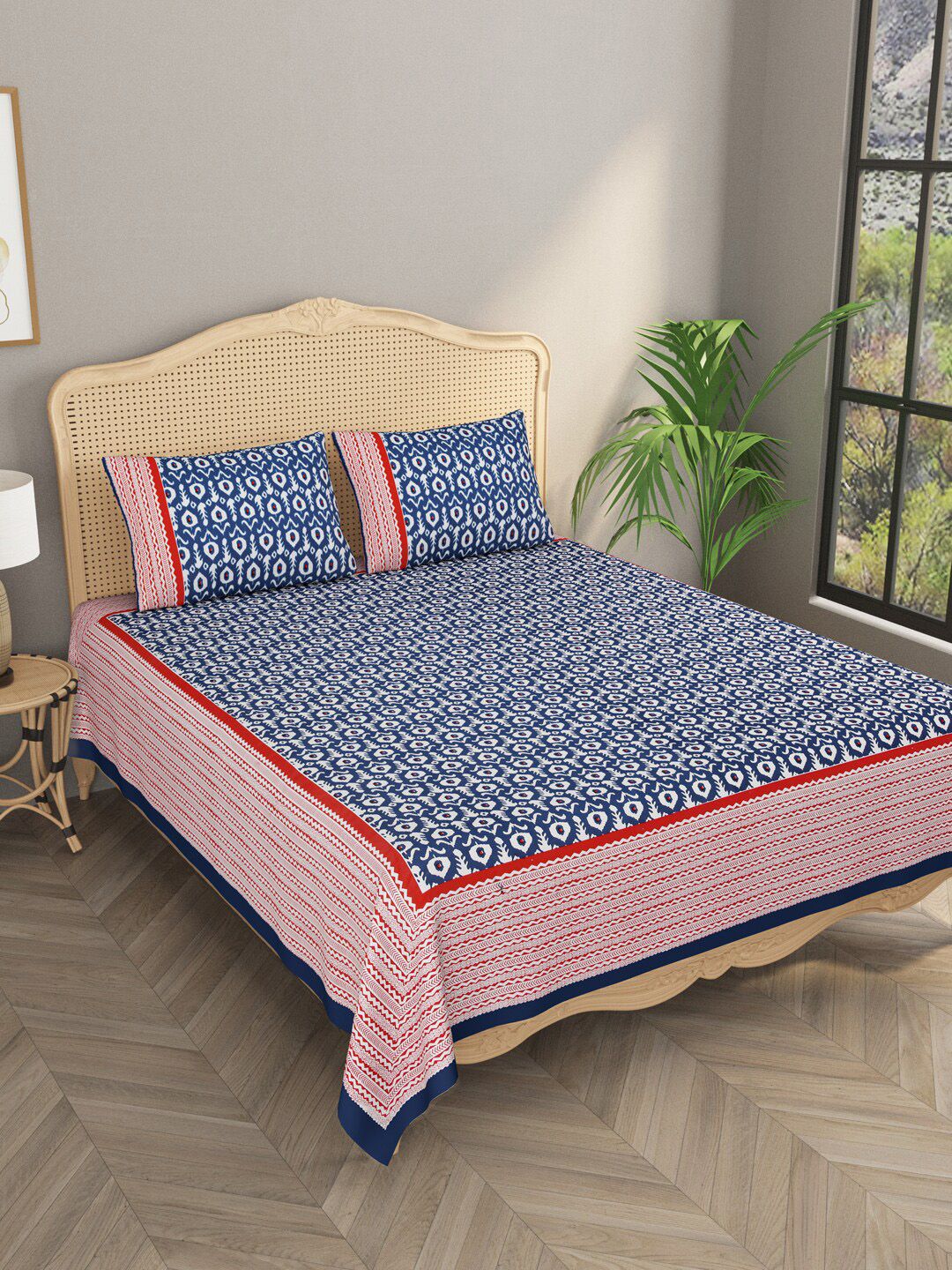 Gulaab Jaipur Blue & Red 600 TC Ikat Printed Cotton King Bedsheet with 2 Pillow Covers Price in India