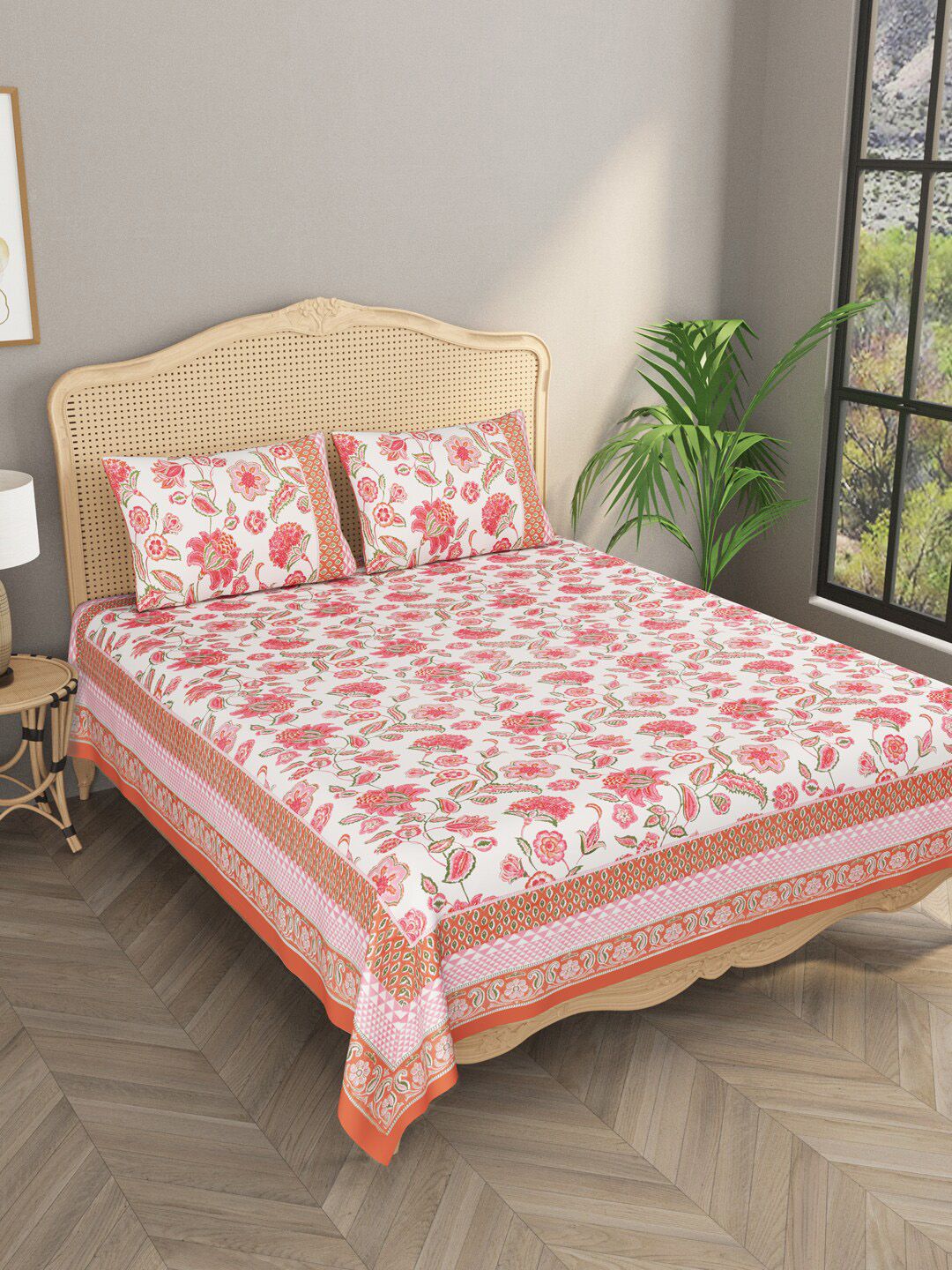 Gulaab Jaipur Coral & White 600 TC King Floral Cotton Bedsheet with 2 Pillow Covers Price in India