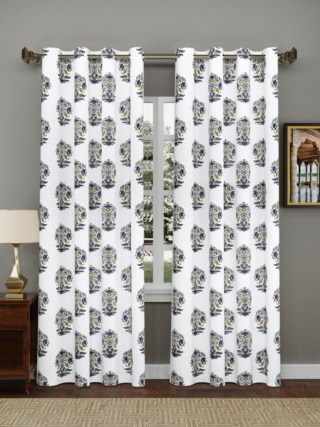 Gulaab Jaipur White & Blue Set of 2 Ethnic Motifs Printed Door Curtain Price in India