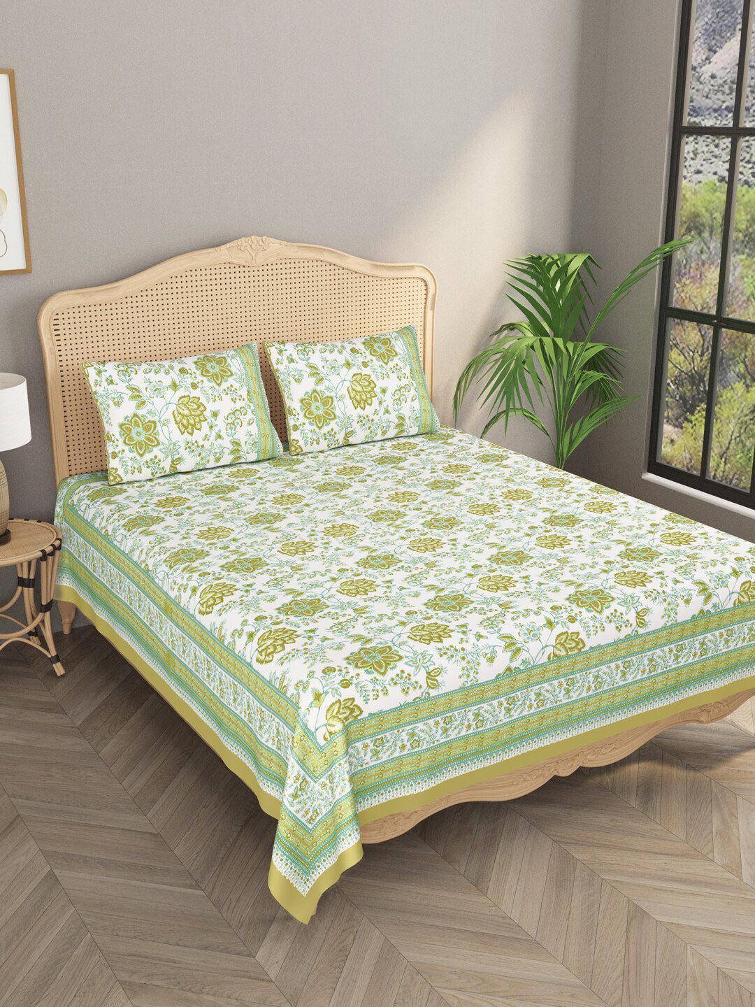 Gulaab Jaipur Green & White Floral 600 TC King Bedsheet with 2 Pillow Covers Price in India