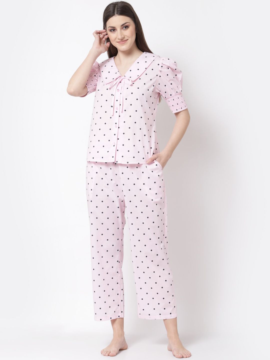 BLANC9 Women Pink & Black Printed Pure Cotton Night suit Price in India