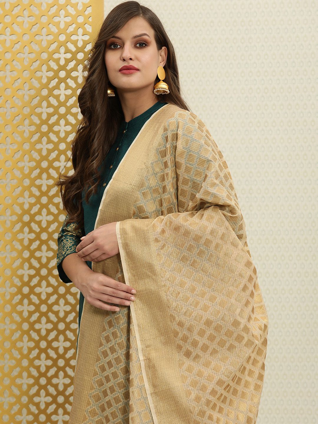 House of Pataudi Beige & Green Woven Design Pure Cotton Jashn Dupatta Price in India