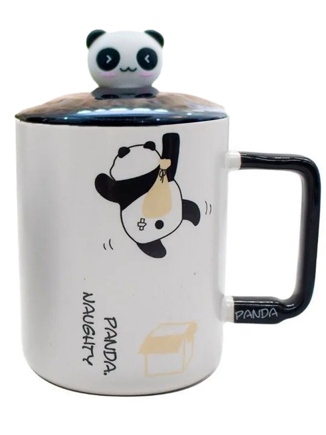 BonZeaL White & Black Panda Printed Ceramic Glossy Mug With Lid & Spoon 300 ml Price in India