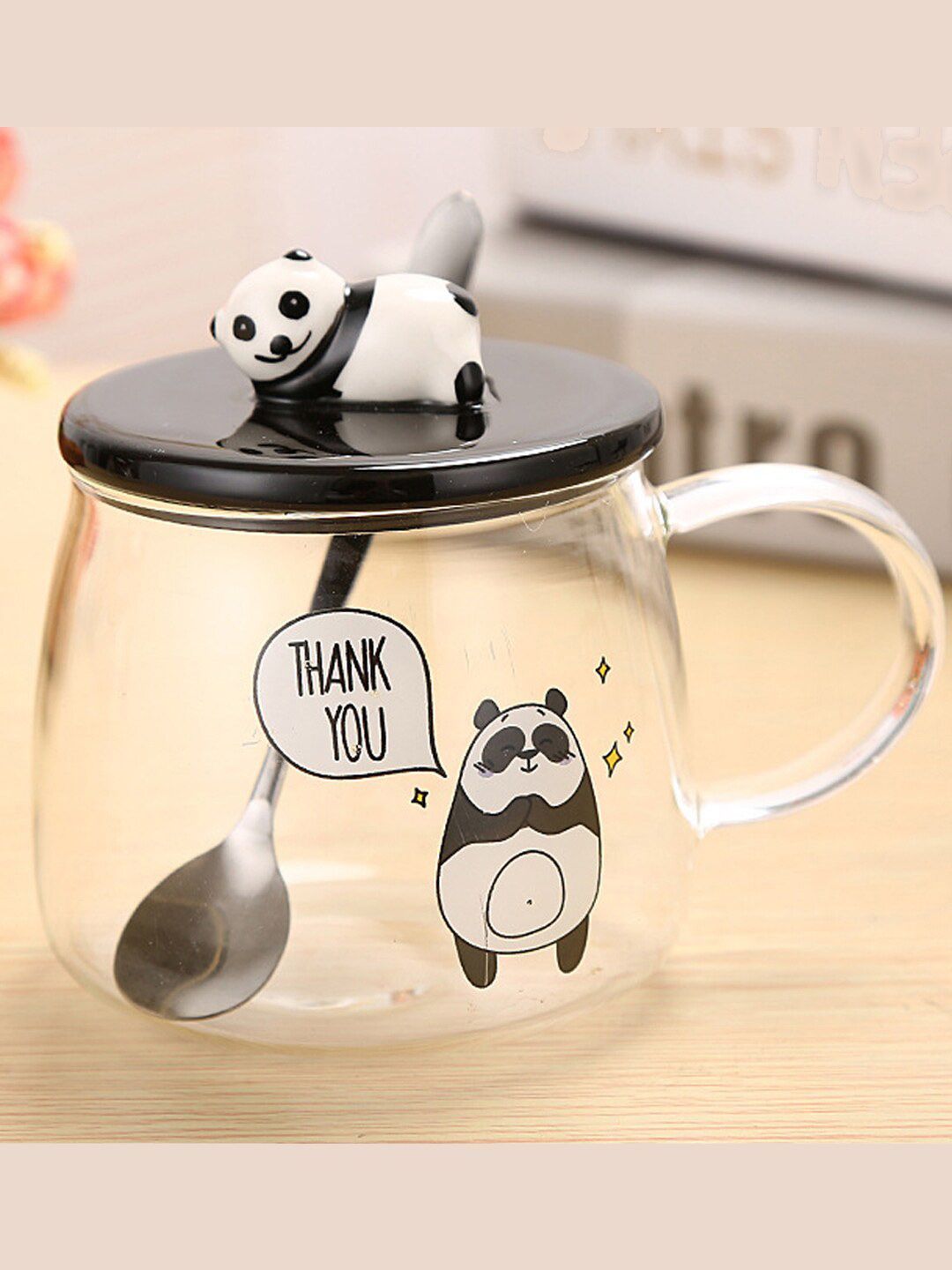 BonZeaL Transparent & Black Panda Printed Glass Transparent Mug With Lid & Spoon 450 ml Price in India
