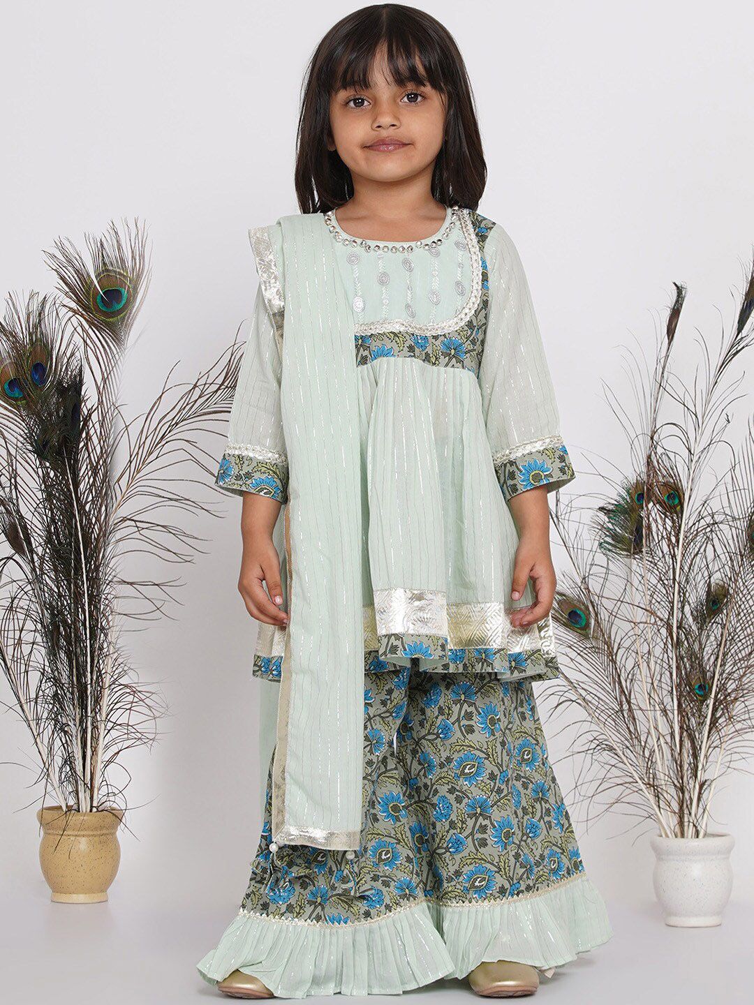 Little Bansi Girls Mint Green & Grey Pleated Zardozi Kurta with Palazzos & Dupatta