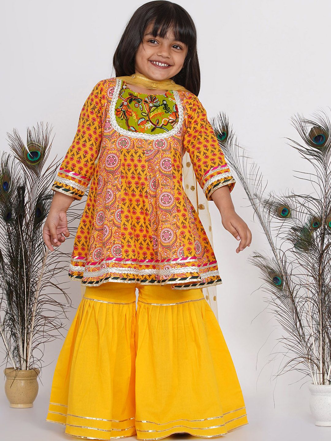 Little Bansi Girls Yellow Floral Printed Thread Work Kurta with Sharara & With Dupatta