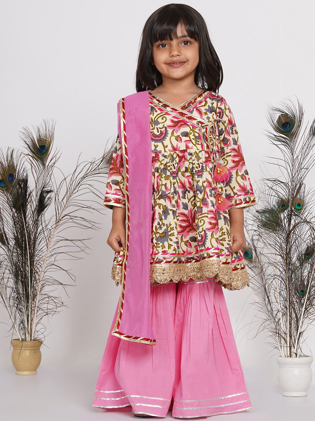 Little Bansi Girls Pink & White Printed Angrakha Kurta with Palazzos & With Dupatta