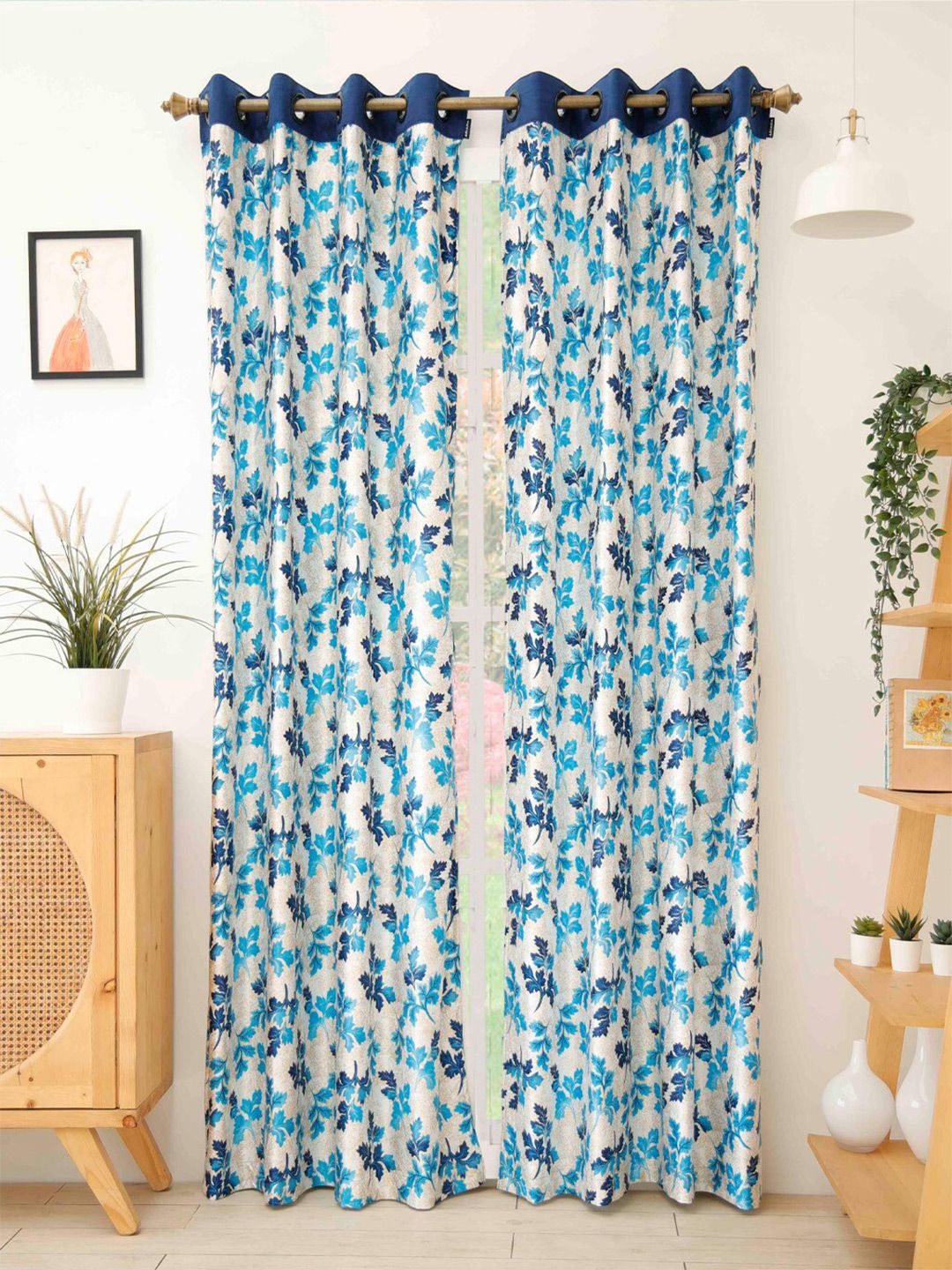 Ariana Turquoise Blue & Cream-Coloured Set of 2 Floral Long Door Curtain Price in India