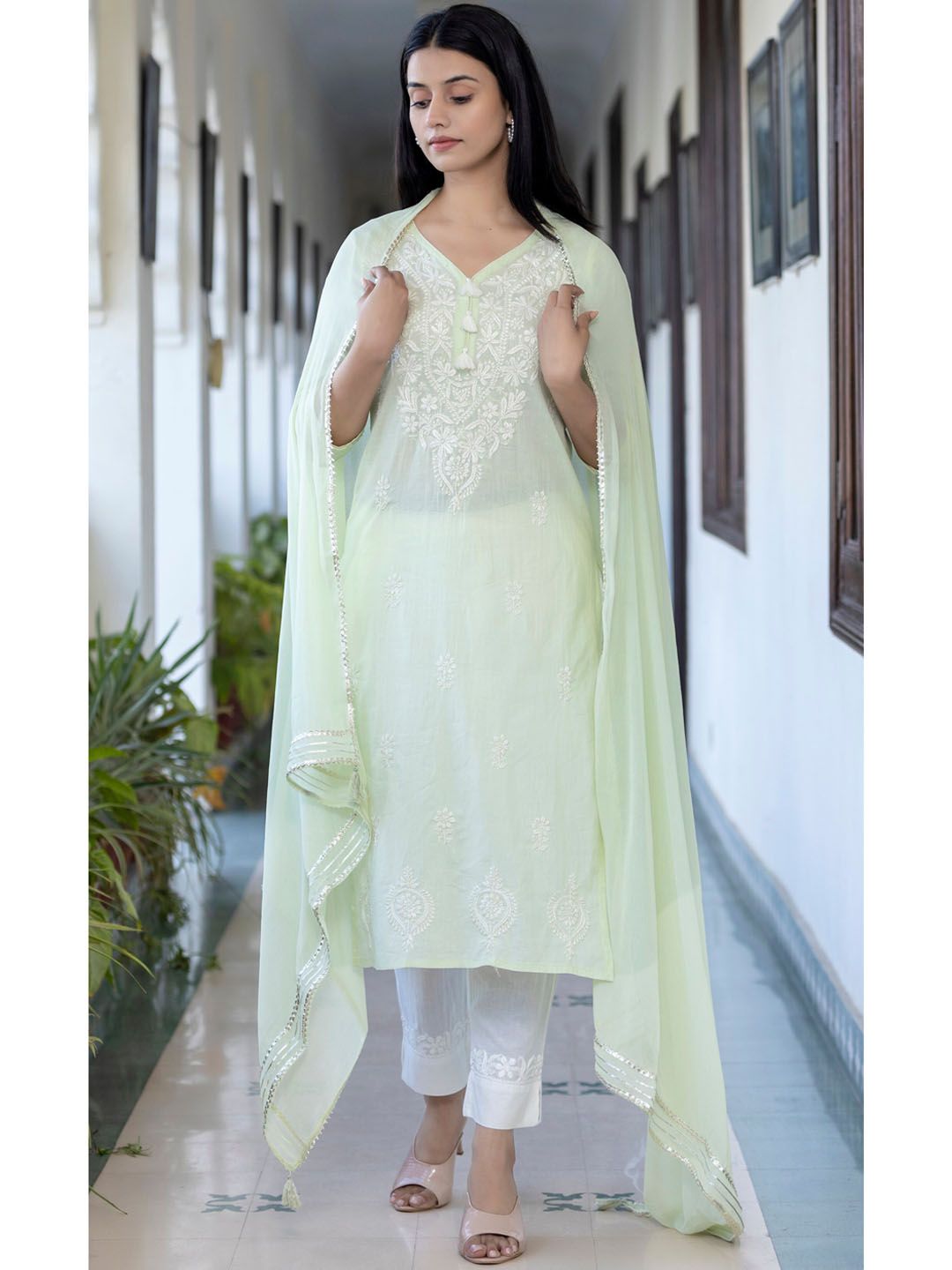 KAAJH Women Green Embroidered Chikankari Pure Cotton Kurti with Palazzos & With Dupatta Price in India