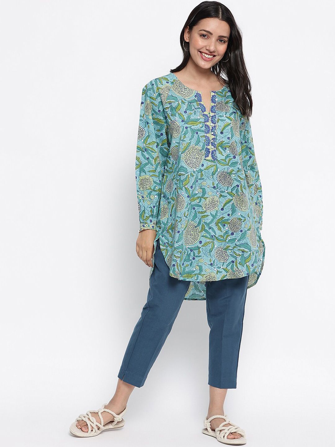 Fabindia Blue & Green Printed Cotton Tunic Price in India