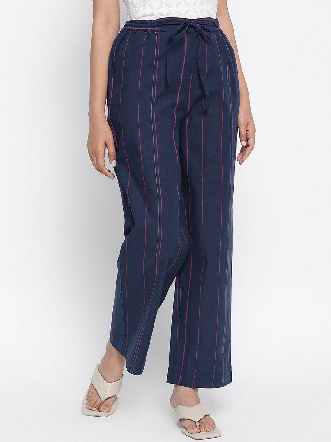 Fabindia Women Blue Striped Trousers Price in India