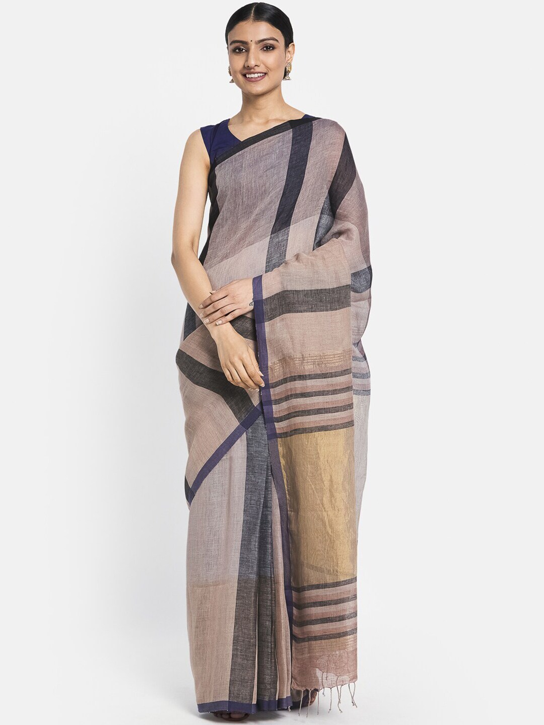 Fabindia Grey & Navy Blue Striped Pure Linen Saree Price in India