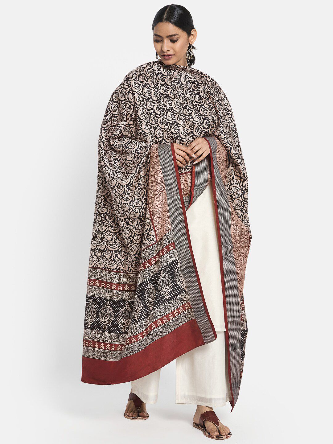 Fabindia Women Black & Maroon Bagh Printed Pure Silk Dupatta