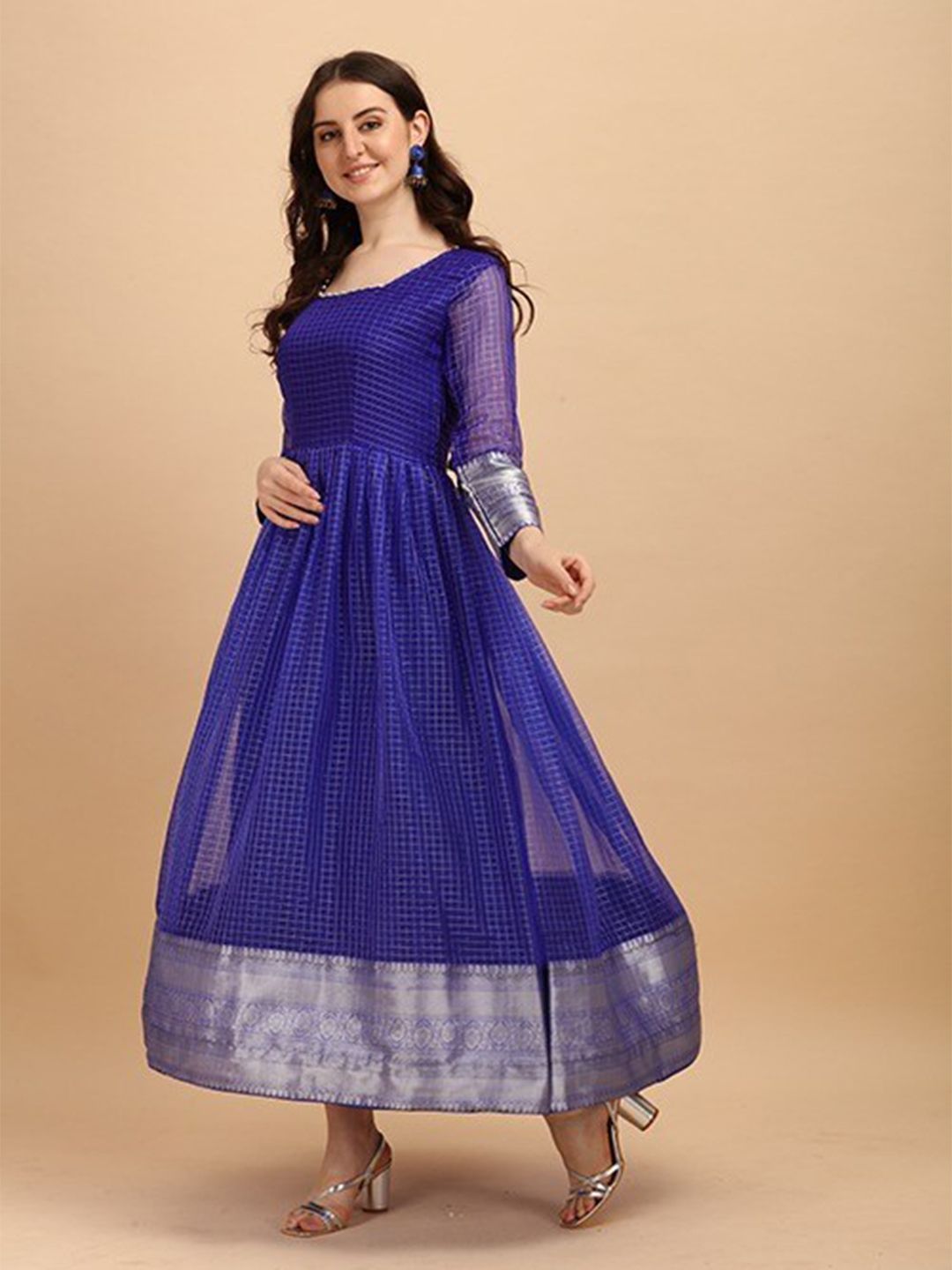 PRENEA Blue Checked Jacquard Ethnic Maxi Dress Price in India