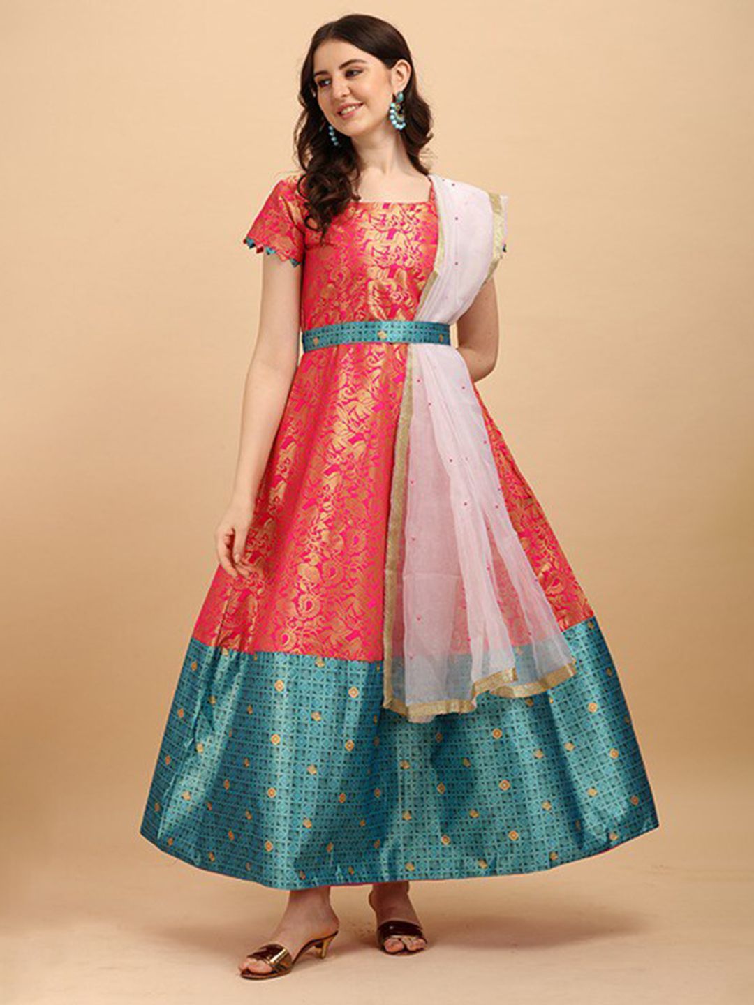 PRENEA Pink Ethnic Motifs Jacquard Ethnic Maxi Dress Price in India