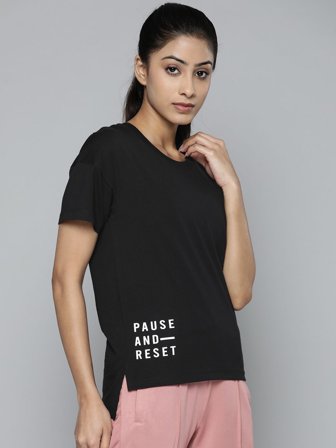 Alcis Women Black Slim Fit Training or Gym T-shirt Price in India