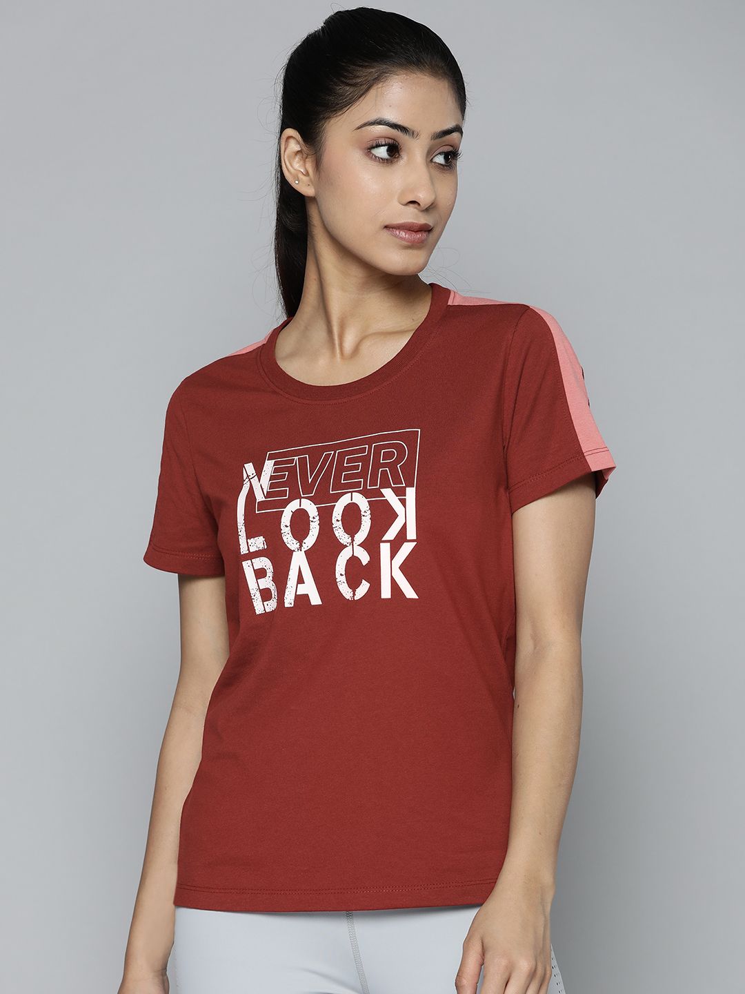 Alcis Women Rust Red & White Typography Printed Slim Fit Training or Gym T-shirt Price in India