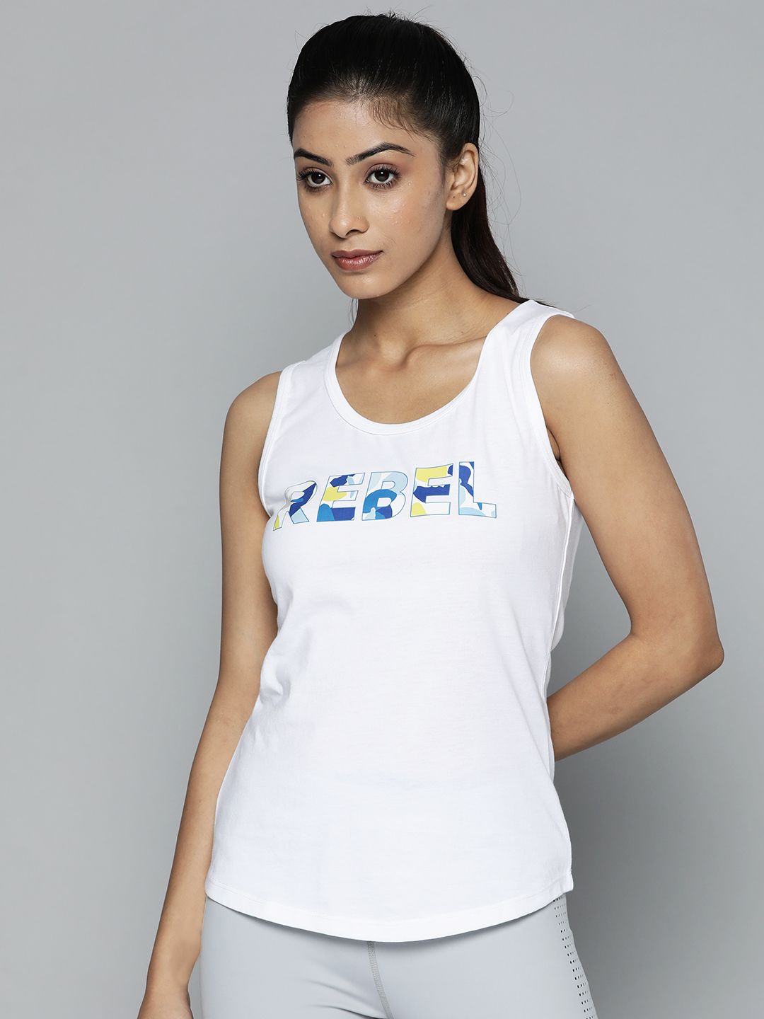 Alcis Women White Typography Printed Slim Fit Training or Gym T-shirt Price in India