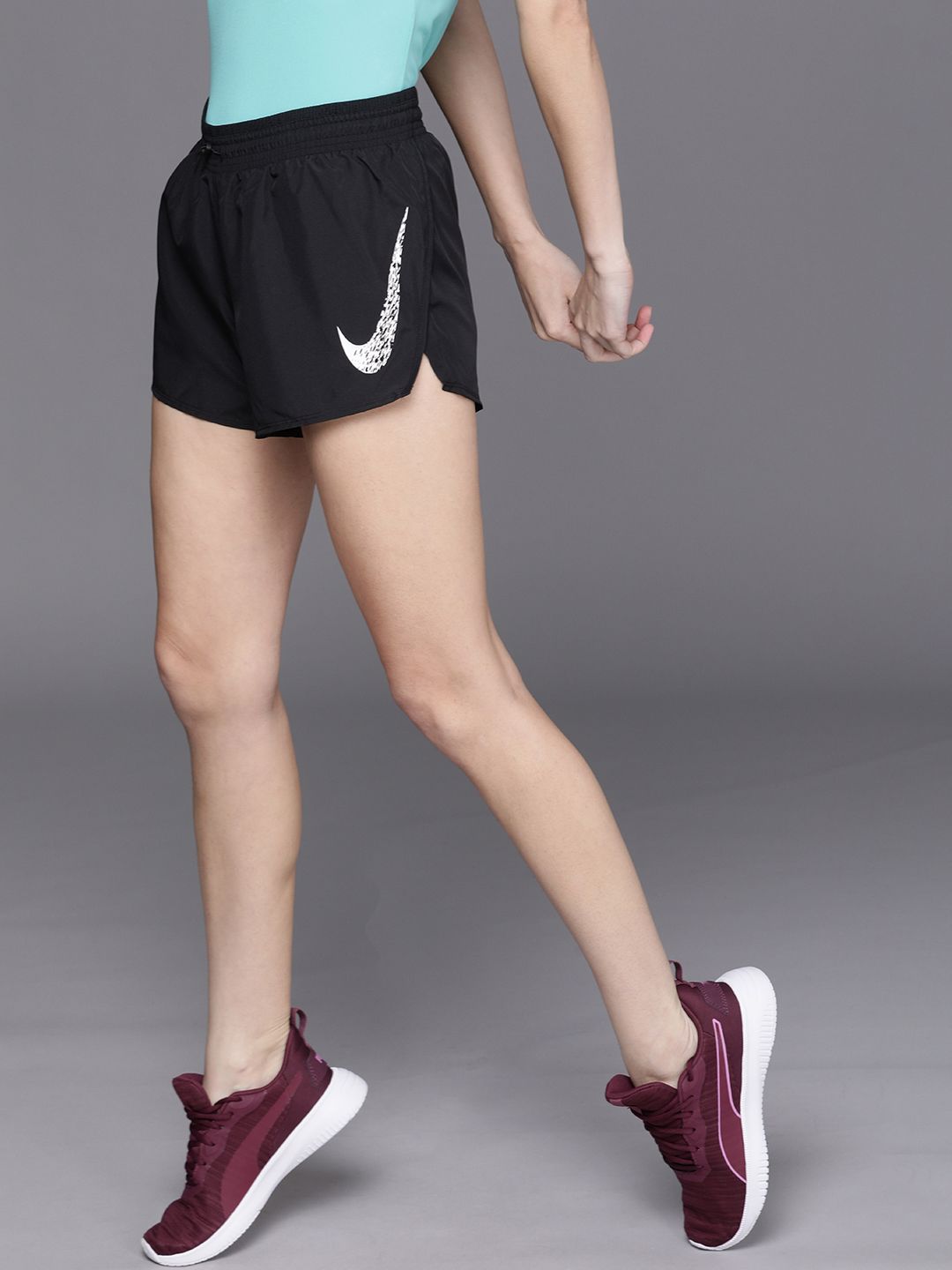 Nike Women Black & White Brand Logo Printed Dri-FIT Swoosh Running Shorts Price in India