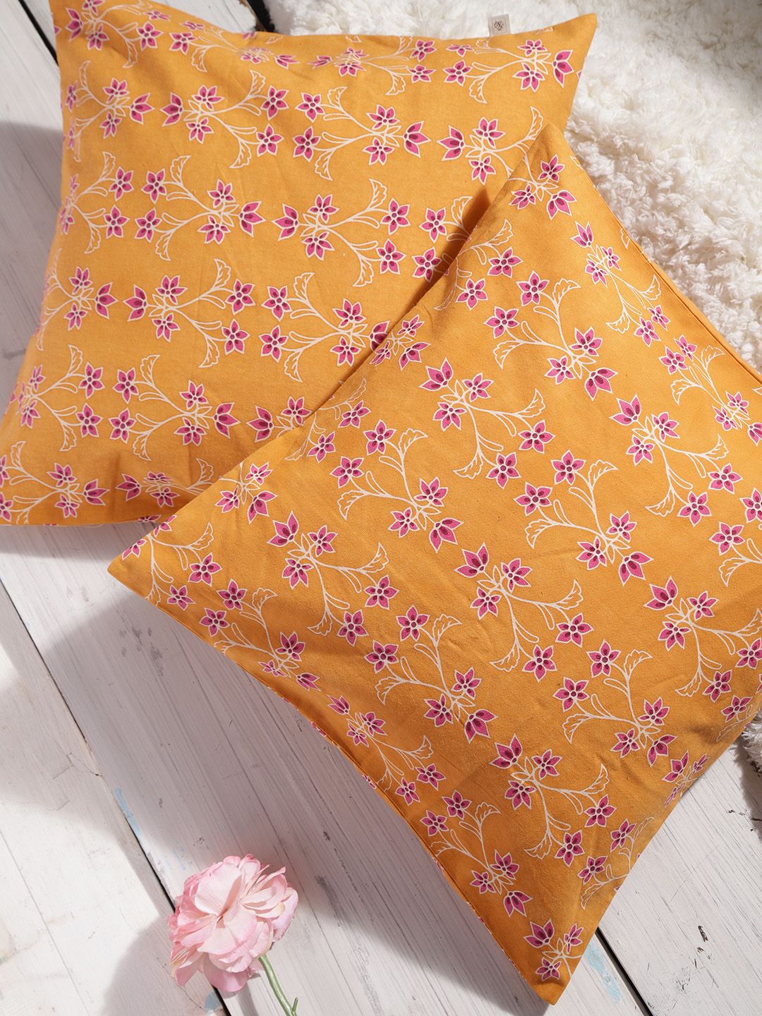 House of Pataudi Orange & Pink Set of 2 Floral Print Square Cushion Covers Price in India