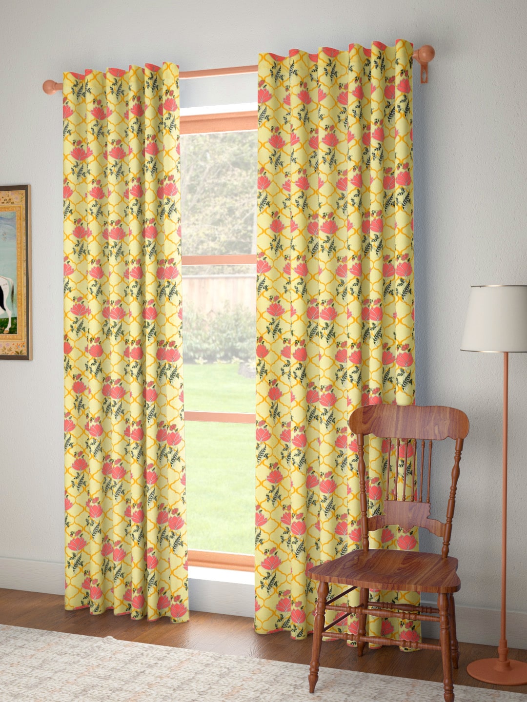 House of Pataudi Yellow & Pink Floral Print Door Curtain Price in India