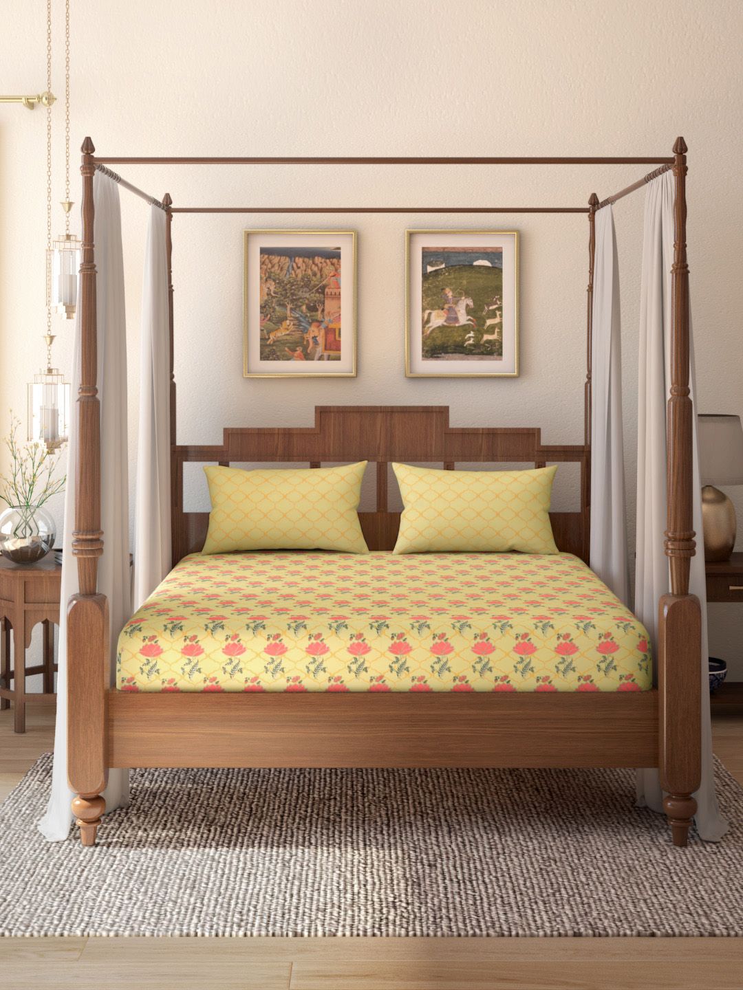 House of Pataudi Yellow Printed 151 GSM 118 TC Queen Cotton Rozana Bedsheet 2 Pillow Cover Price in India