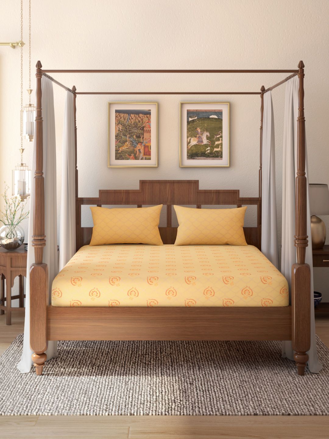 House of Pataudi Yellow & Orange Ethnic 151GSM 118TC Queen Bedsheet with 2 Pillow Covers Price in India