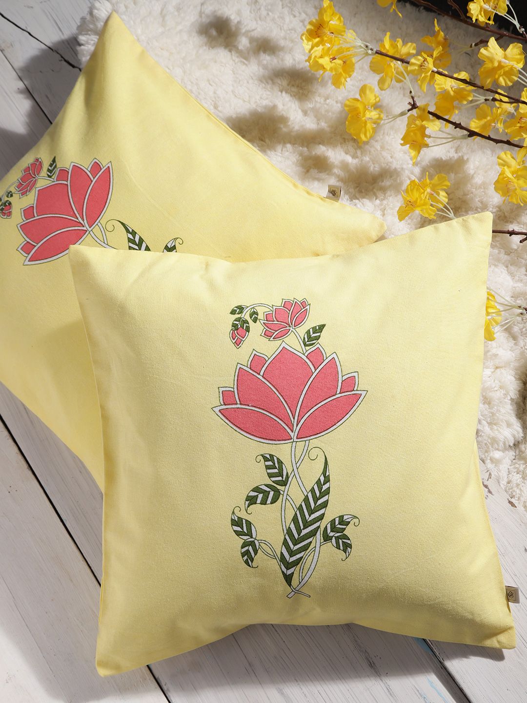 House of Pataudi Yellow & Coral Set of 2 Floral Square Cushion Covers Price in India