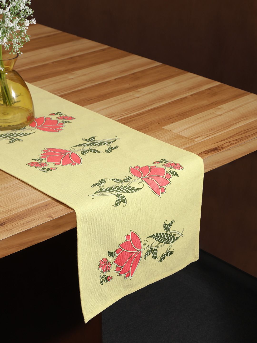House of Pataudi Yellow & Pink Ethnic Motifs Print Rozana Cotton Table Runner Price in India