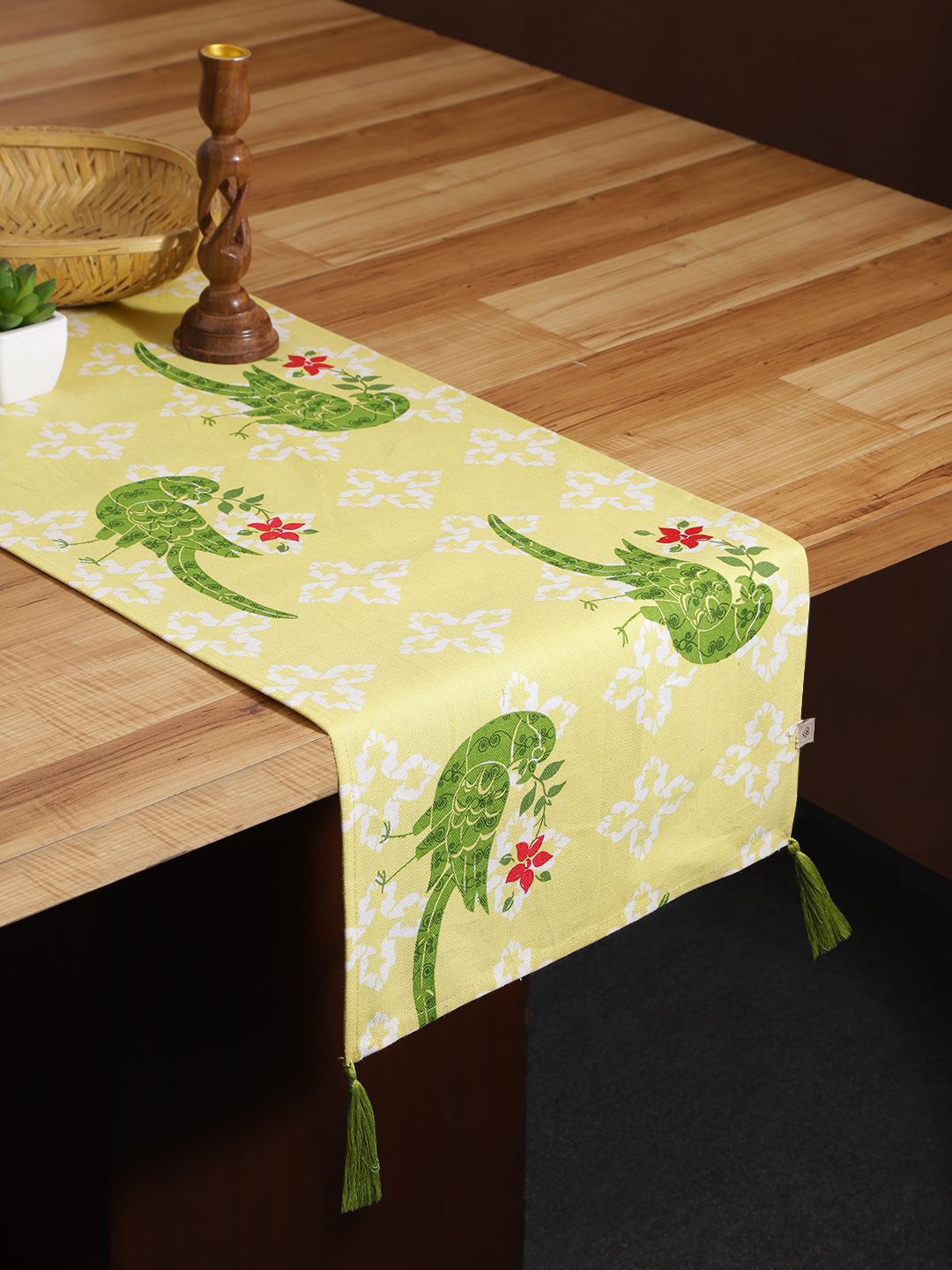 House of Pataudi Yellow & Green Ethnic Motifs Print Rozana Cotton Taselled Table Runner Price in India