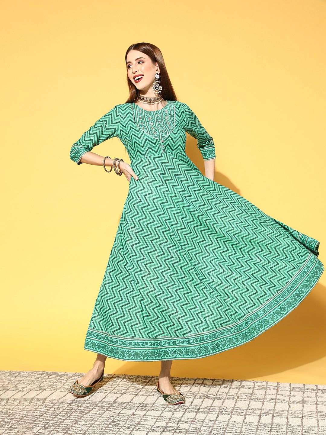 Sangria Women Green Ethnic Motifs Printed Maxi Dress Price in India