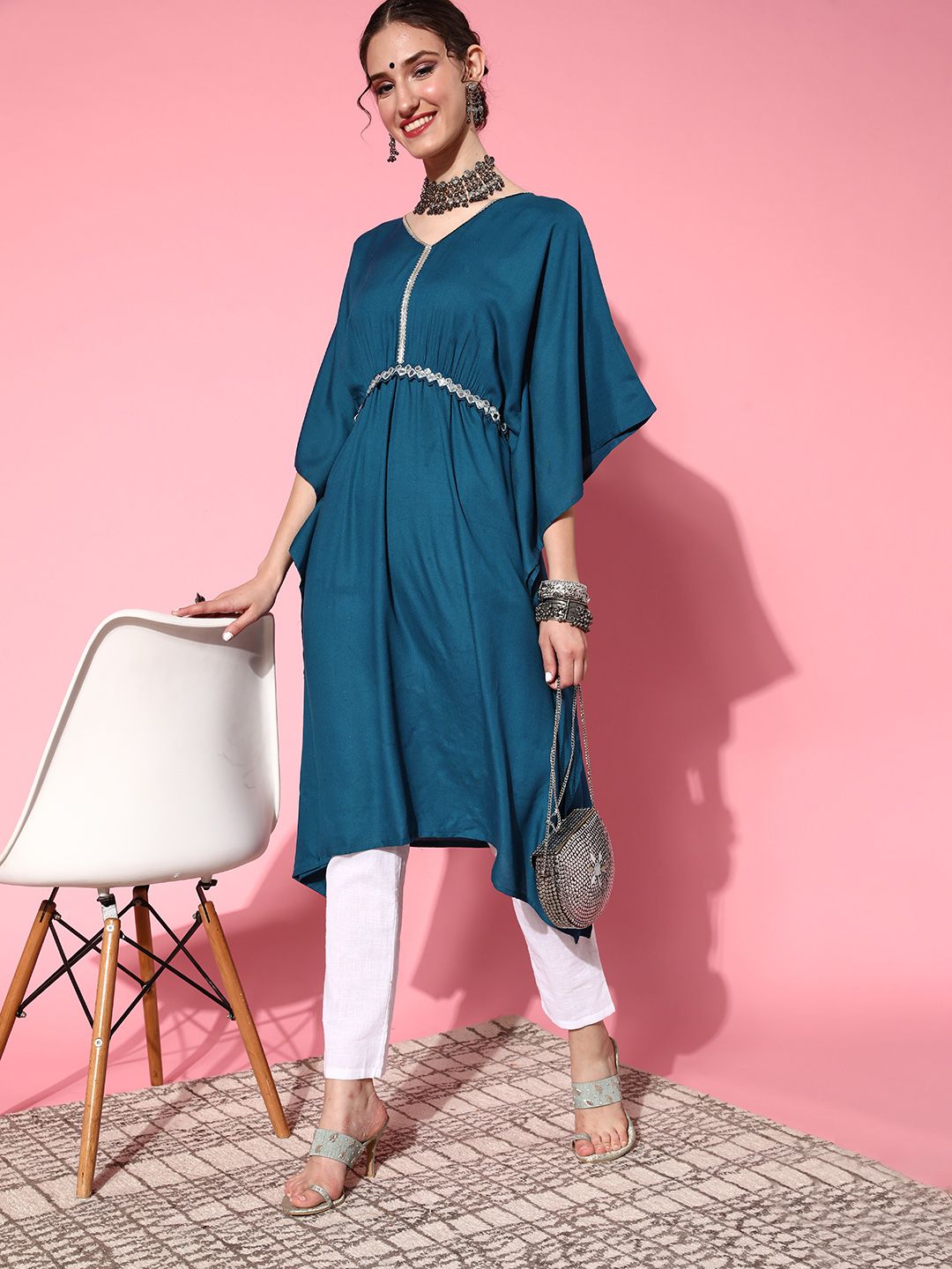 Sangria Women Tranquil Teal Viscose Rayon New Age Kaftan Kurta Price in India