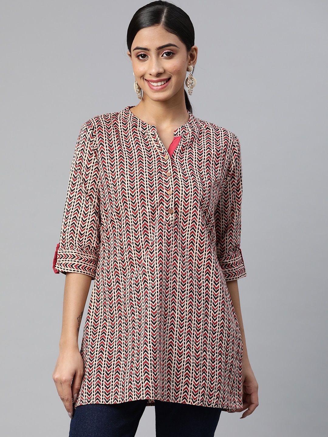 SVARCHI Maroon & Beige Geometric Printed Kurti Price in India