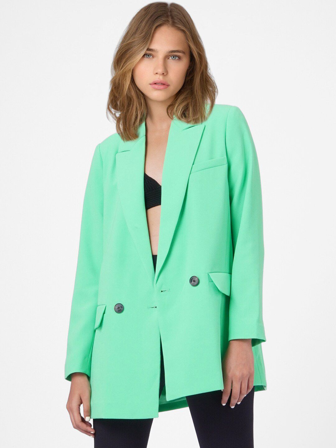 ONLY Women Green Solid Double-Breasted Formal Blazer Price in India