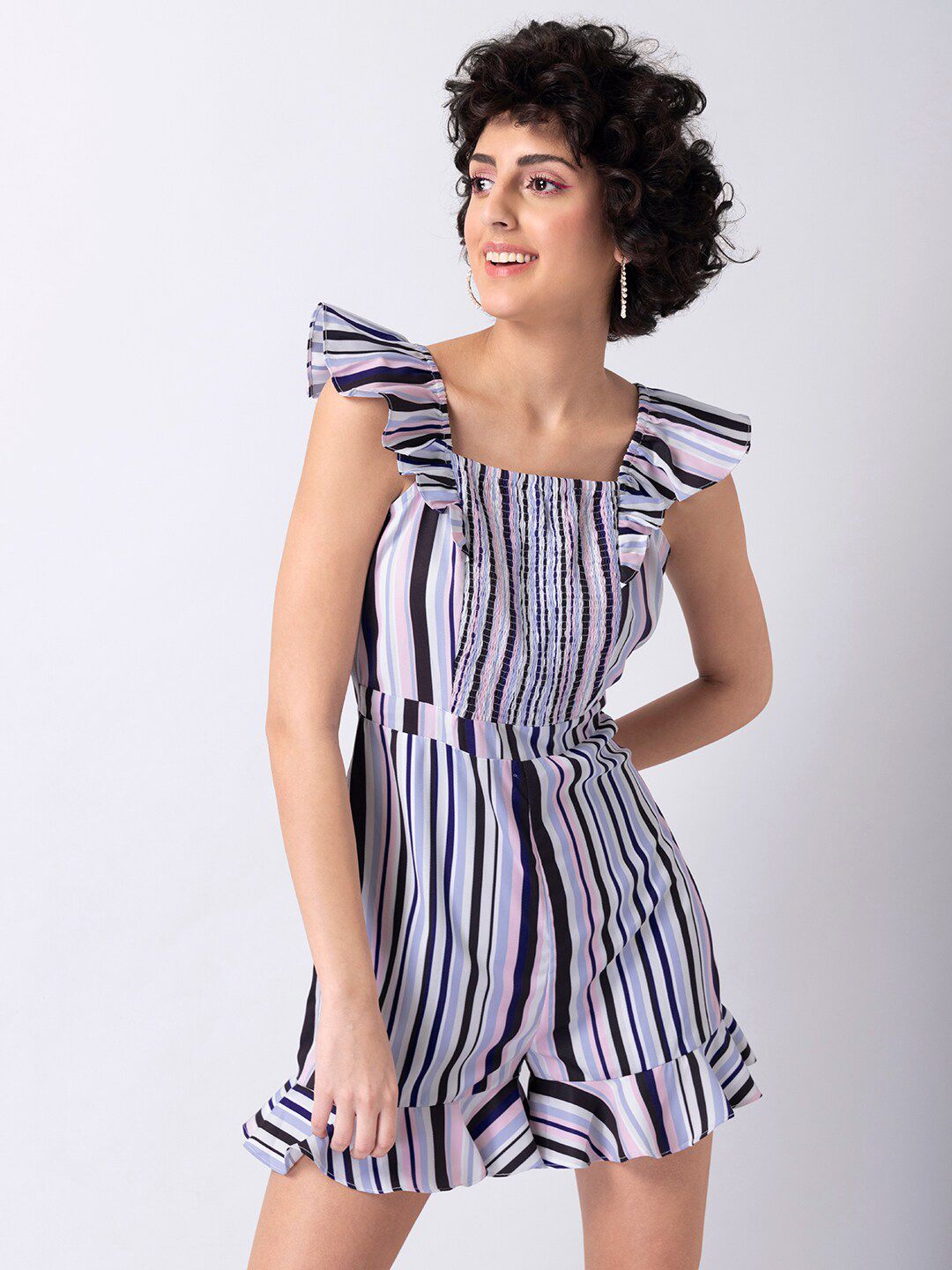 FabAlley Blue & Off White Striped Capri Jumpsuit with Ruffles Price in India