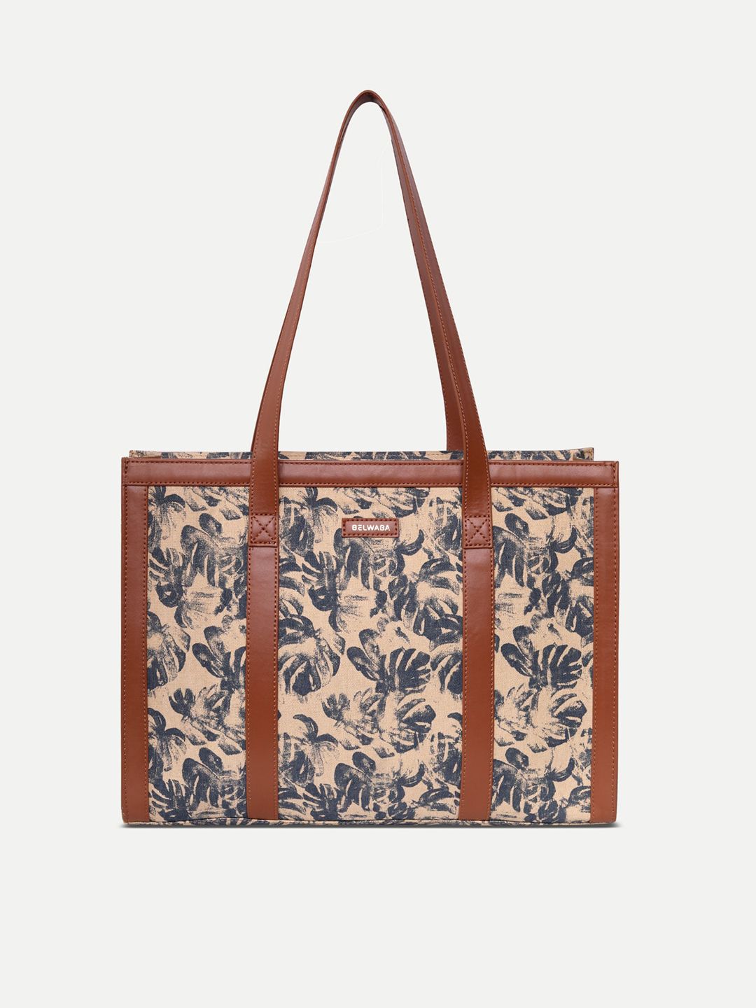 Belwaba Beige & Navy Blue Floral Printed Oversized Shopper Shoulder Bag Price in India