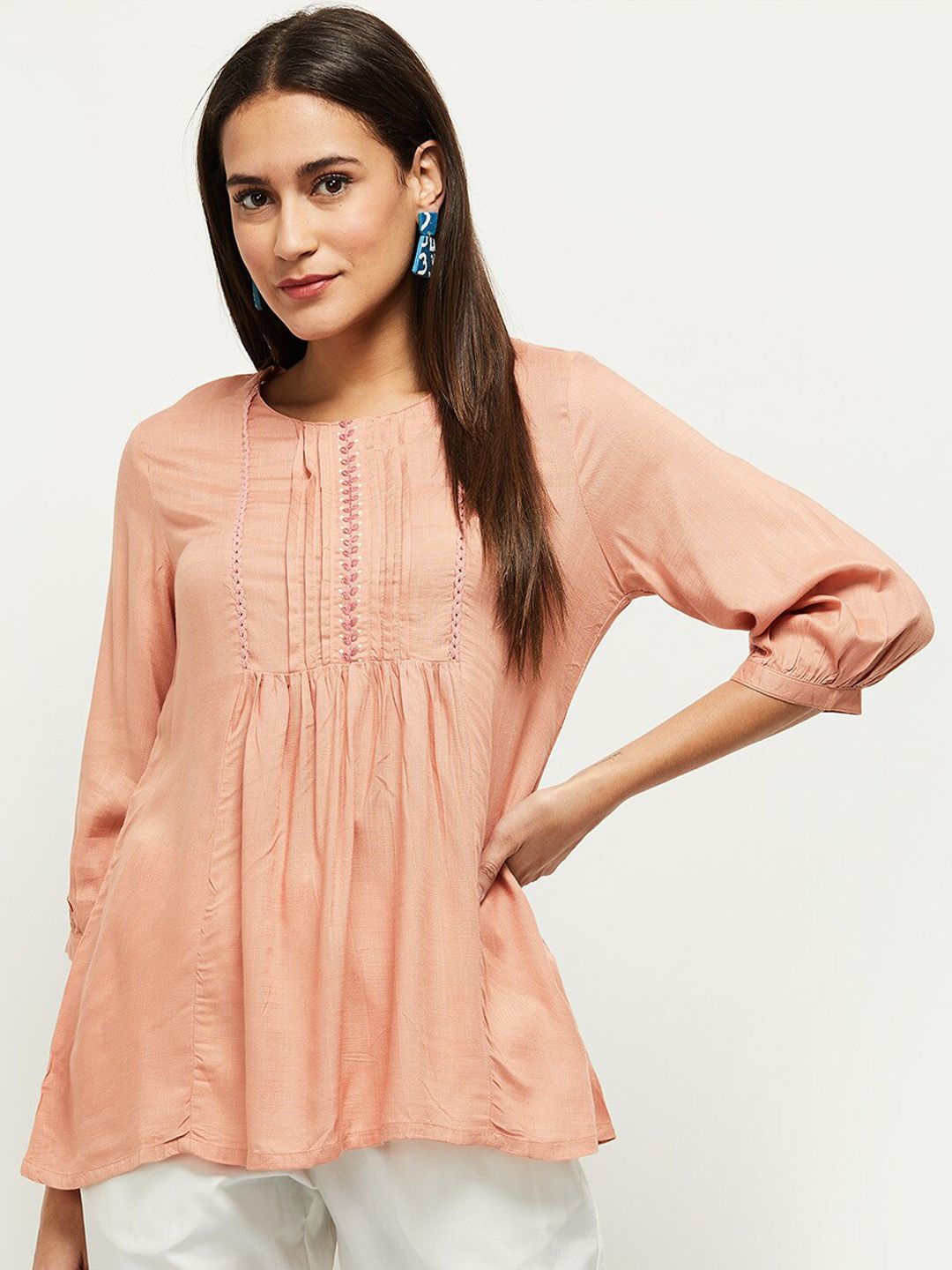 max Coral Pink Pleated Detail A-Line Top
