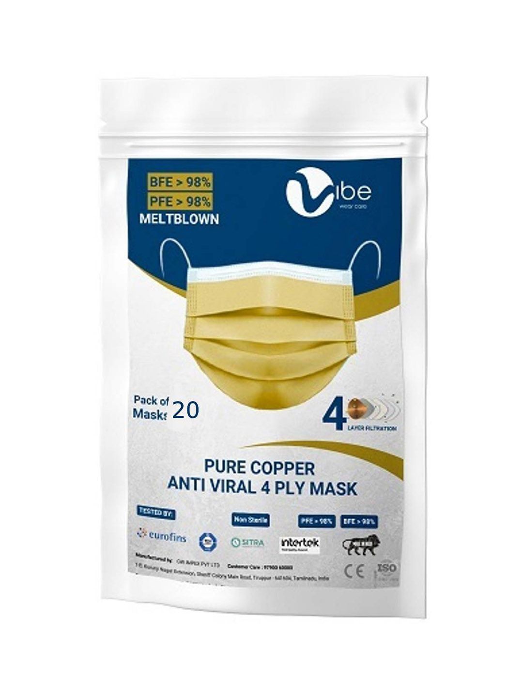 Vibe Pack Of 20 Gold-Colored Solid Pure Copper Antiviral 4-Ply Protective Surgical Masks Price in India