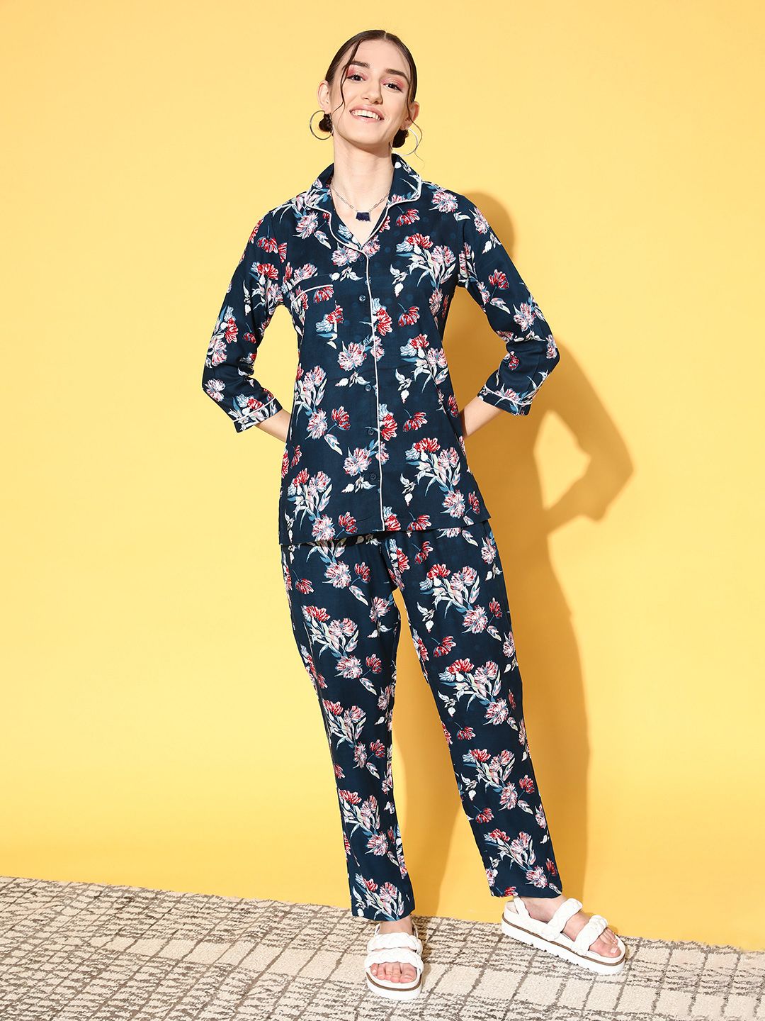 MBeautiful Women Navy Blue Floral Sleep Staple Night Suit Price in India