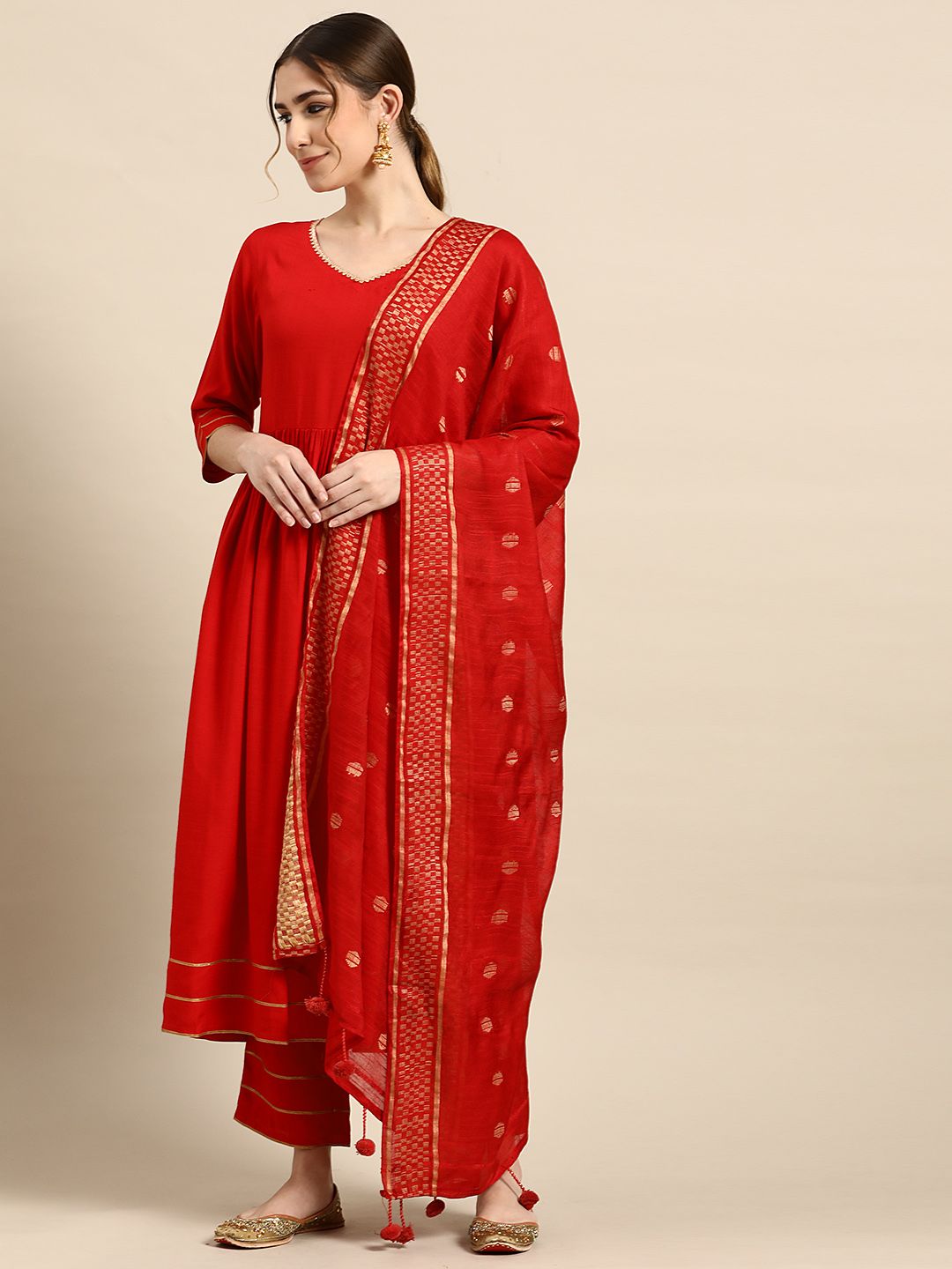 GERUA Women Red Gotta Patti Kurta with Trousers & With Dupatta Price in India