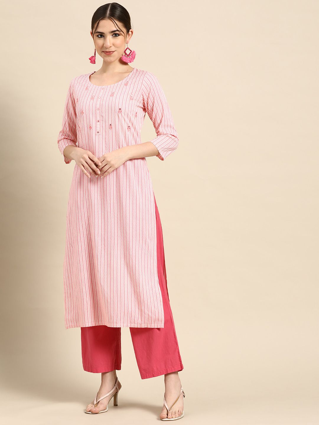 GERUA Women Pink & White Printed Thread Work Kurta Price in India