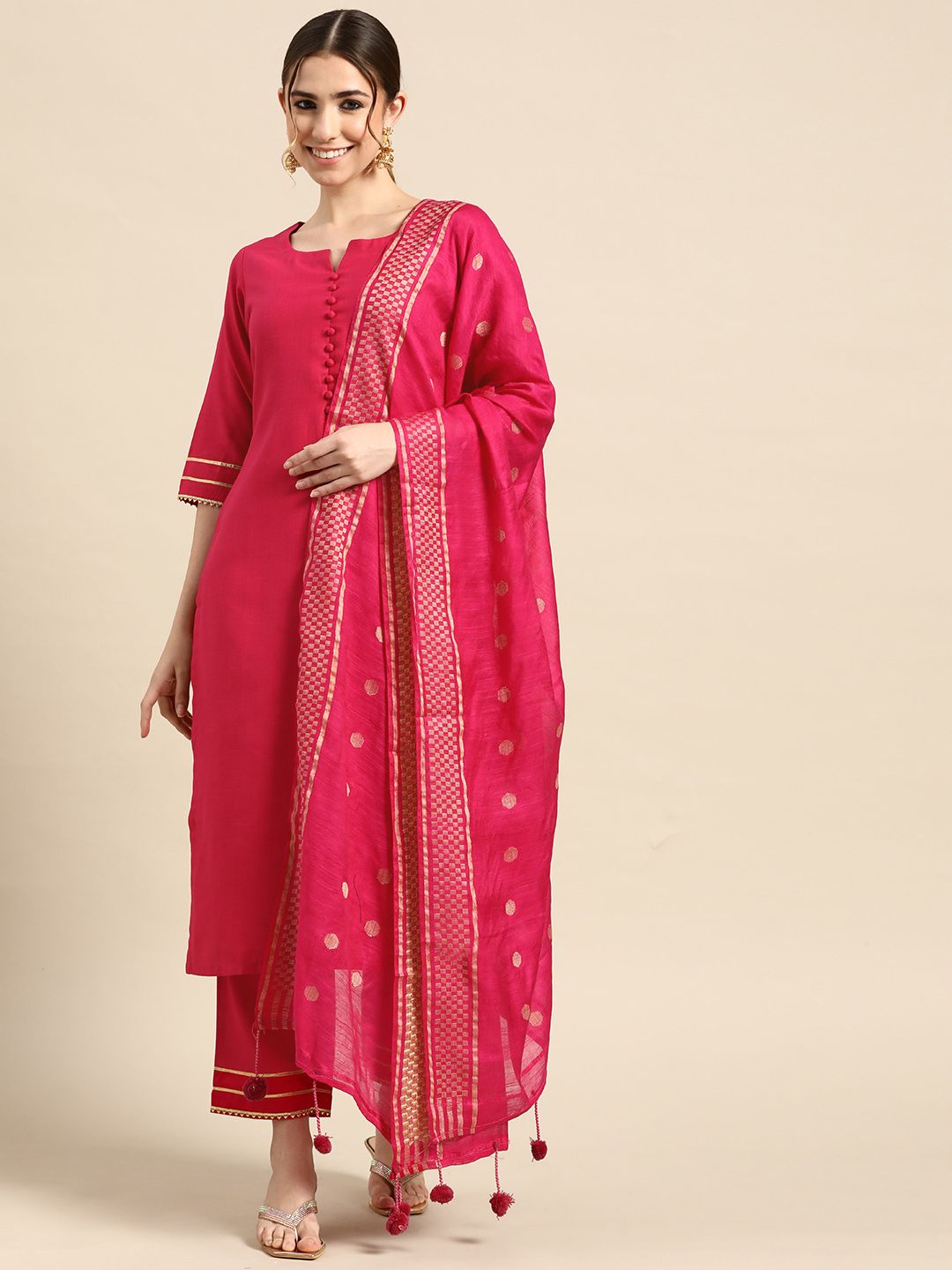 GERUA Women Pink Gotta Patti Kurta with Trousers & With Dupatta Price in India